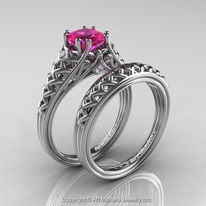 Clássico francês 14k ouro branco 1.0 ct princesa rosa safira diamante renda anel de noivado conjunto de aliança de casamento R175PS-14KWGDPS