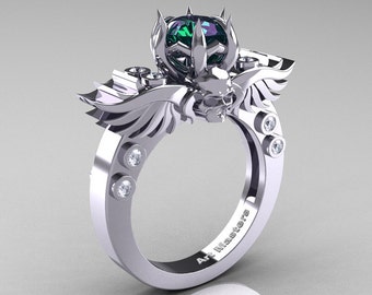 Art Masters Classic Winged Skull 14K White Gold 1.0 Ct Alexandrite Diamond Solitaire Engagement Ring R613-14KWGDAL