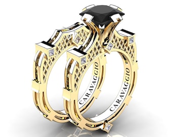 Art Masters Caravaggio 14K Yellow Gold 2.0 Ct Princess Black and White Diamond Engagement Ring Wedding Band Bridal Set R782PS-14KYGDBD