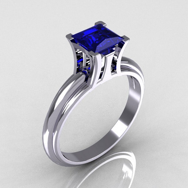 Modern Italian 10K White Gold 1.0 Carat Princess Blue Sapphire Solitaire Ring R98-10KWGBS