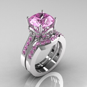 Conjunto clássico de aliança de casamento solitário de safira rosa claro de 3,0 quilates em ouro branco 14K R301S-14KWGLPS