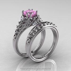 Clássico francês 14K ouro branco 1,0 Ct princesa rosa claro safira diamante renda anel de noivado conjunto de aliança de casamento R175PS-14KWGDLPS