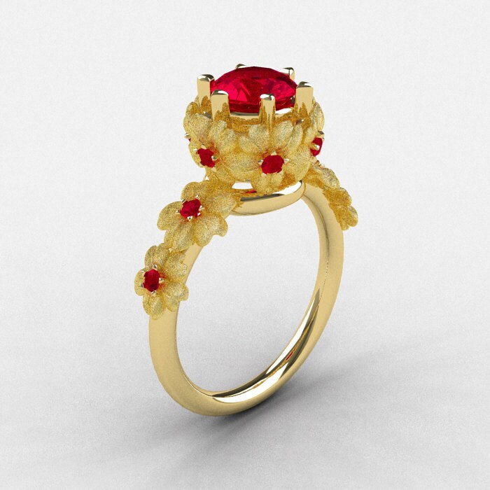 Natures Nouveau 18K Yellow Gold Ruby Flower Engagement Ring Etsy