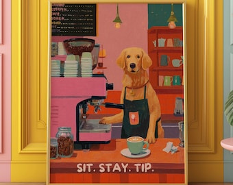 Colorful Golden Retriever Barista Art Print Coffee Dog Poster Pop Art Maximalist Kitchen Decor