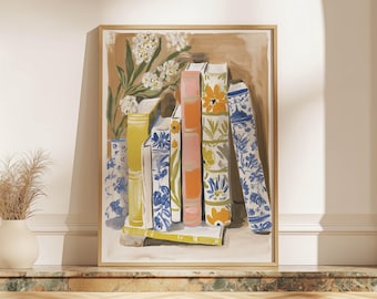 Eclectic Floral Book Stack Wall Art Print Yellow Blue Bookshelf Poster Abstract Home Library Art