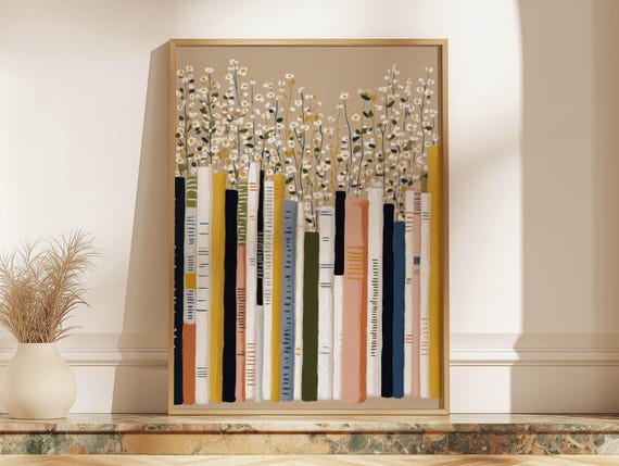 Eclectic Daisy Bookshelf Art Print Neutral Books and Flowers Poster Floral Home Library Art