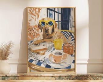 Dog In Sunglasses At Cafe Table Art Print, Funny Labrador Brunch Scene Poster, Coffee Kitchen Wall Decor