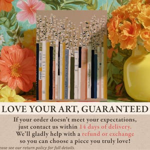 Cheerful bookshelf and daisy wall art print in beige, mustard, and navy hues, styled before a bold floral backdrop with a yellow vase and refund guarantee text.