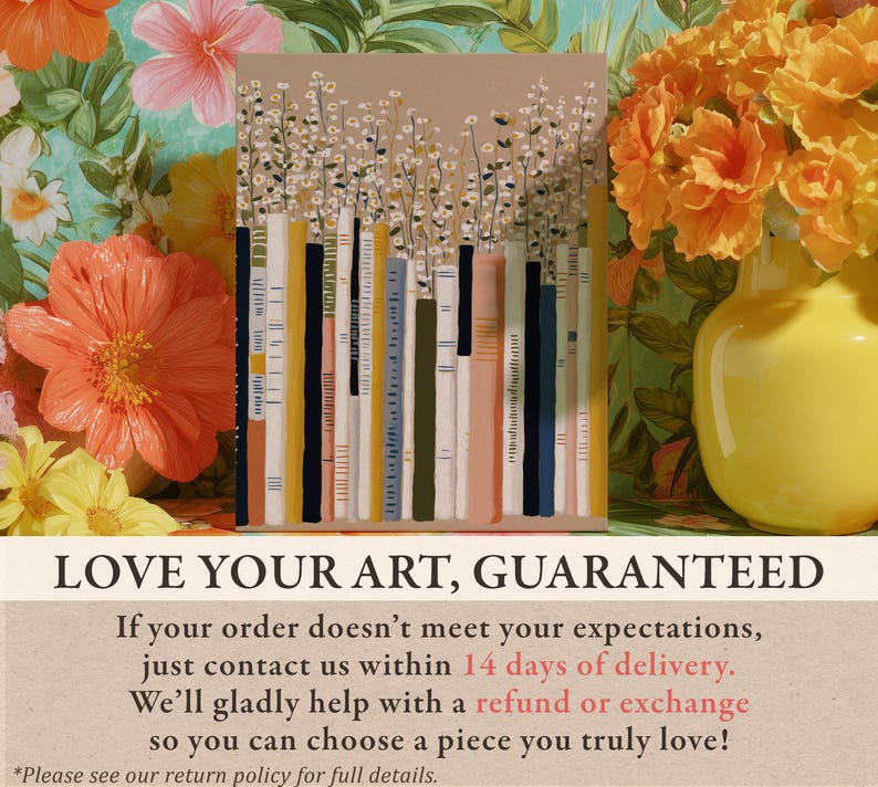 Cheerful bookshelf and daisy wall art print in beige, mustard, and navy hues, styled before a bold floral backdrop with a yellow vase and refund guarantee text.