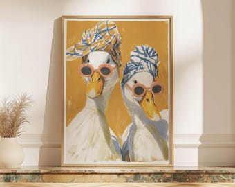 Two Ducks in Sunglasses with Headscarves Art Print, Whimsical Retro Style Bird Poster, Playful Living Room Wall Art Decor