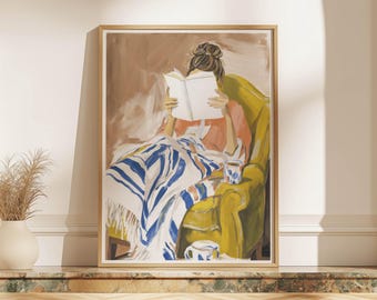 Woman Reading on Armchair Poster Eclectic Book Reader Art Print Abstract Book Lover Wall Art