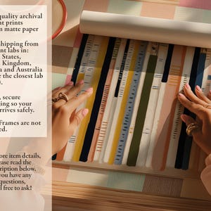 Detailed art print showing tall painted books and tiny white flowers, being unrolled on a patterned tablecloth with overlay text about matte paper and packaging.
