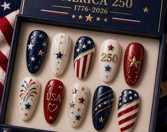 Patriotic Press On Nails America 250, 4th of July Nails Set, USA Firework Nails Red White Blue, Independence Day Press On Nails