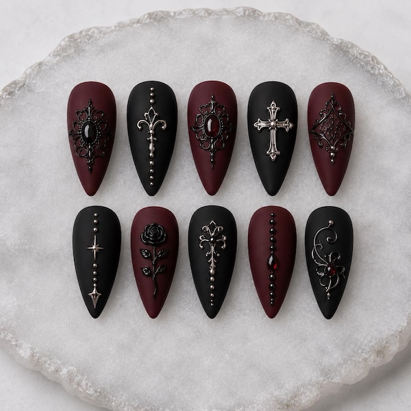 Gothic Vampire Press On Nails, Matte Black Burgundy Almond, Victorian Black Rose Cross, Baroque Filigree Fake Nails, Dark Romantic Gift