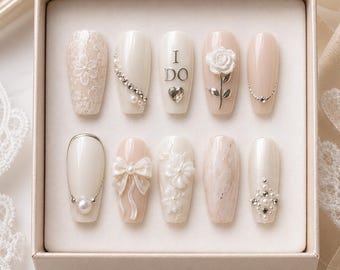 Luxury Bridal Wedding Press On Nails, I Do Nail Box Set with Pearl Flower Accent, Champagne Bride Nails, Bridal Shower Gift