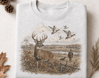 Vintage Hunting Sweatshirt, Whitetail Deer and Duck Hunting Crewneck, Outdoor Wildlife Graphic Pullover, Gift for Hunter Men