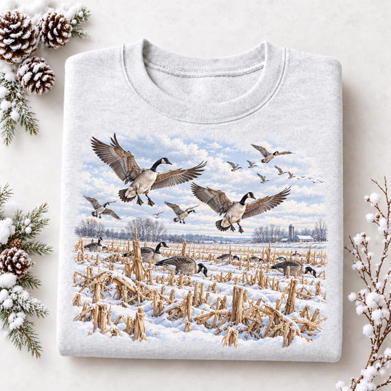Canada Goose, Canada Goose Winter Crewneck Sweatshirt, Vintage Cornfield Flight Pullover, Snowy Waterfowl Wildlife Jumper, Rustic Nature Gift