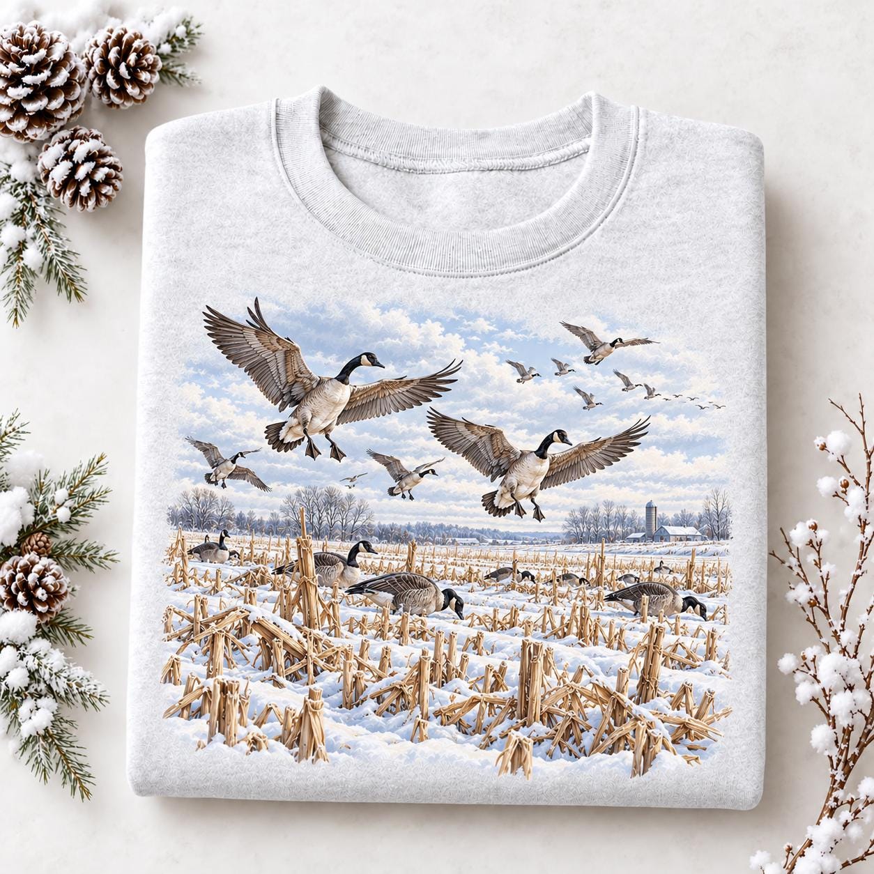 Canada Goose, Canada Goose Winter Crewneck Sweatshirt, Vintage Cornfield Flight Pullover, Snowy Waterfowl Wildlife Jumper, Rustic Nature Gift