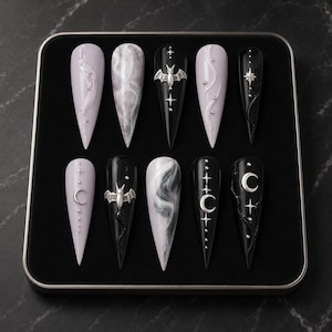 Gothic Press On Nails, Matte Black Fake Nails, Witchy Celestial Stiletto Nails, Silver Bat Crescent Moon, Dark Grunge Aesthetic False Nails