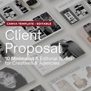 Könnte beinhalten: Eine digitale Canva-Vorlage für ein Kundenangebot mit zehn redaktionellen Folien. Das Layout umfasst Schwarz-Weiß-Fotografien, Typografie und Abschnitte für Social-Media-Pakete. Text auf dem Bild: CANVA TEMPLATE • EDITABLE Client Proposal 10 Minimalist & Editorial Slides for Creatives & Agencies.