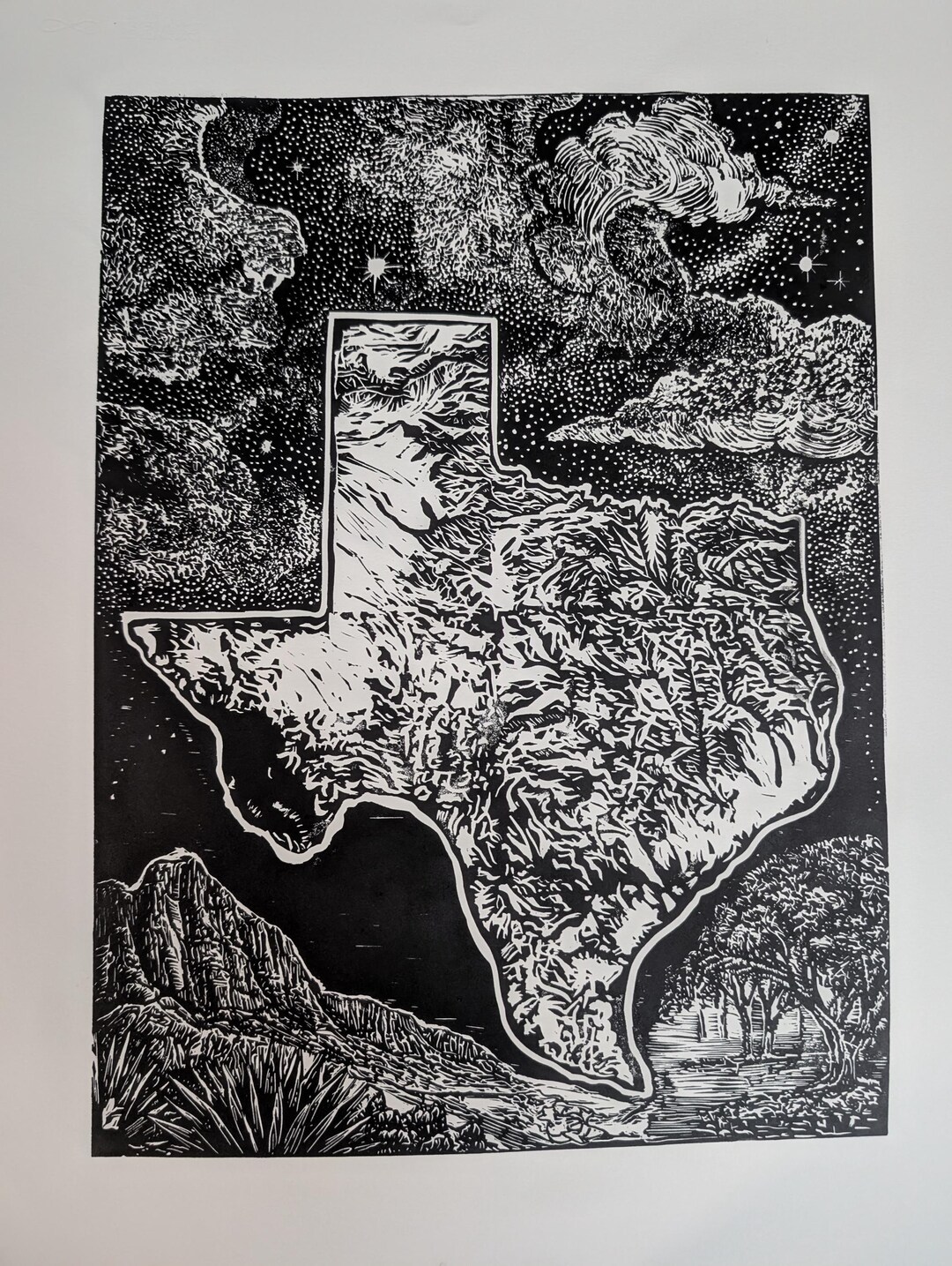 Texas Map | Linocut Print,texas Topography | Original Texas Wall Art ...