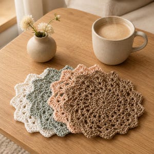 May include: A set of four round crochet coasters in white, sage green, pale pink, and tan. Each coaster features a scalloped edge and a detailed star-like pattern. The coasters are arranged in a overlapping stack on a light wood surface.