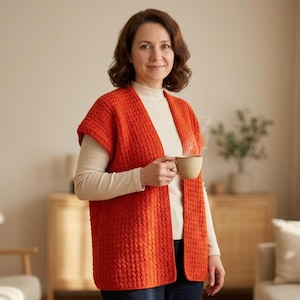May include: An orange, textured, sleeveless cardigan. The cardigan is worn over a cream-colored turtleneck. A woman is holding a beige mug with steam rising from it. The background includes a wooden cabinet, a plant, and a sofa.
