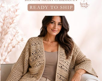 Handmade Crochet Mesh Cardigan for Women, Beige Floral Open Front Cardigan, Size Medium, Ready to Ship