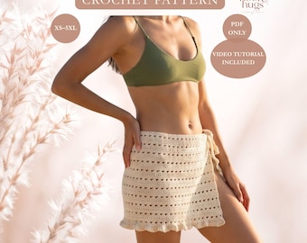 Crochet Pattern & Video, Crochet Cover Up Skirt Pdf, Beach Skirt Crochet Pattern, Summer Wrap Skirt, Ruffle Tie Skirt, XS-5XL