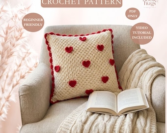 Crochet Heart Pillow Cover Pattern, Boho Cushion (PDF Pattern + Video Tutorial)