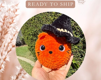 Crochet Halloween Witch Cat Plush, Handmade Orange Kitty with Removable Witch Hat, Cute Fall Decor, Halloween Gift
