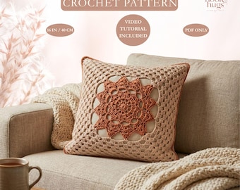 Sunburst Granny Square Pillow Cover Crochet Pattern PDF with Video Tutorial, Boho Cushion, US Terms
