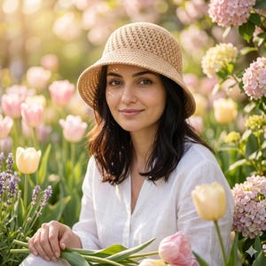 Puede incluir: Una mujer con un sombrero de sol de crochet beige y una camisa blanca, rodeada de tulipanes rosas y amarillos e hortensias rosas. La mujer sonríe y sostiene un ramo de tulipanes.