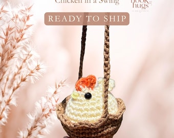 Crochet Chicken in a Swing, Handmade Amigurumi Chicken, Hanging Farmhouse Decor, Cute Chicken Gift