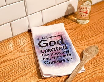 Toalla de cocina con diseño de gofre y versículo bíblico Génesis 1:1, decoración cristiana para el hogar.