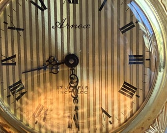 Orologio da tasca svizzero Arnex vintage funzionante con 17 rubini Incabloc, cassa color oro inciso, 2"X1"