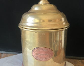 Vintage messing koperen bus met deksel van de Holland American Line, souvenir van een cruise in de eerste klas in New Amsterdam, 15 x 8,25 cm.