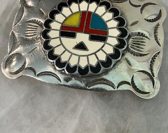 Vintage B-K Silversmith Belt Buckle Southwestern Inlay, Nickel Silver