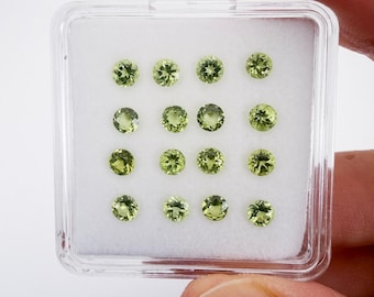 May include: A clear plastic case containing sixteen round, faceted peridot gemstones. The gemstones are a vibrant, light green color and are arranged in four rows of four. The case is held by a person's fingers.