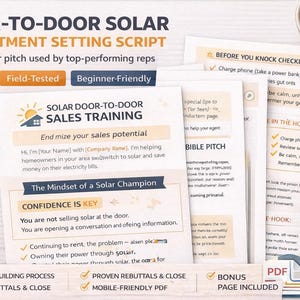 May include: A set of documents and a smartphone screen displaying "Solar Door-to-Door Sales Training" content. The documents include checklists, sales training, and a bible pitch. A small succulent plant, pencils, and a cup of coffee are also present.