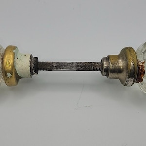 Antique 12 Flute Glass Door Knob Set with Brass Patina and Spindle, 1920s Clear Glass Doorknobs, Architectural Salvage