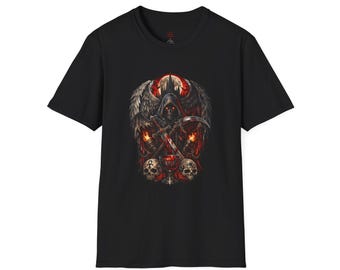 Camiseta de calavera guadaña con alas de la Parca / Camiseta de death metal gótico oscuro