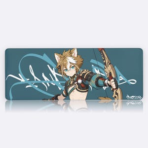 May include: Rectangular mousepad featuring a stylized anime character with tan fur and blue eyes, holding a bow and arrow. The character is set against a teal background with white script. The mousepad has a reflective surface.