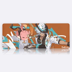 May include: Rectangular orange mousepad featuring a detailed anime-style illustration. The design includes a character in a white jacket and hat, a pink bird-like creature, and abstract white and teal shapes. The artist's signature is visible.