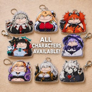 May include: A collection of eight acrylic keychains featuring stylized anime characters with wide, mischievous grins. Each charm includes a metal clasp and displays a unique character design with vibrant colors. The text ALL CHARACTERS AVAILABLE! is centered.