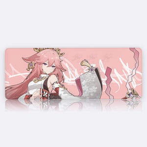 May include: A rectangular pink mousepad featuring an anime-style illustration of a character with pink hair and a white and red outfit. The background has abstract white and pink shapes.