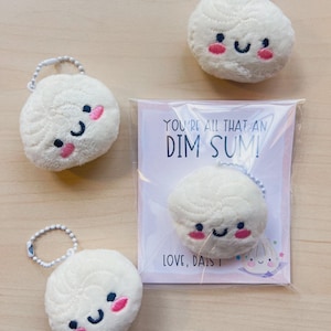 May include: Four plush dim sum keychains with smiling faces and pink cheeks. One keychain is packaged with a card that reads "You're all that an Dim Sum!" and "Love, Dais I". The keychains are white with a silver chain.