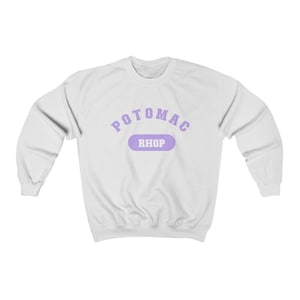 May include: White sweatshirt with a purple graphic that says "POTOMAC RHOP" in a collegiate font.