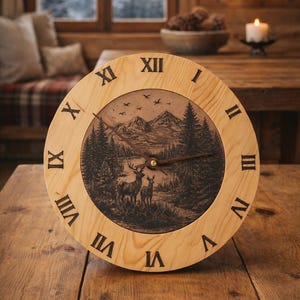 Wood Wall Clock Rustic Forest | Handmade Wooden Wall Clock Silent | Personalized Gift | 30 cm