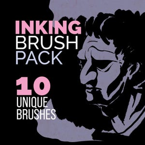 May include: A graphic design featuring the text "INKING BRUSH PACK" in pink and white, with the number "10" and "UNIQUE BRUSHES" in pink. A black and white illustration of a bust is on the right side of the image.